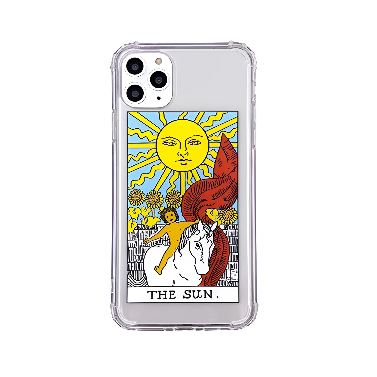 Creative Mythology Comic iPhone case showing retro cartoon sun and moon graffiti art on a silicone back cover.