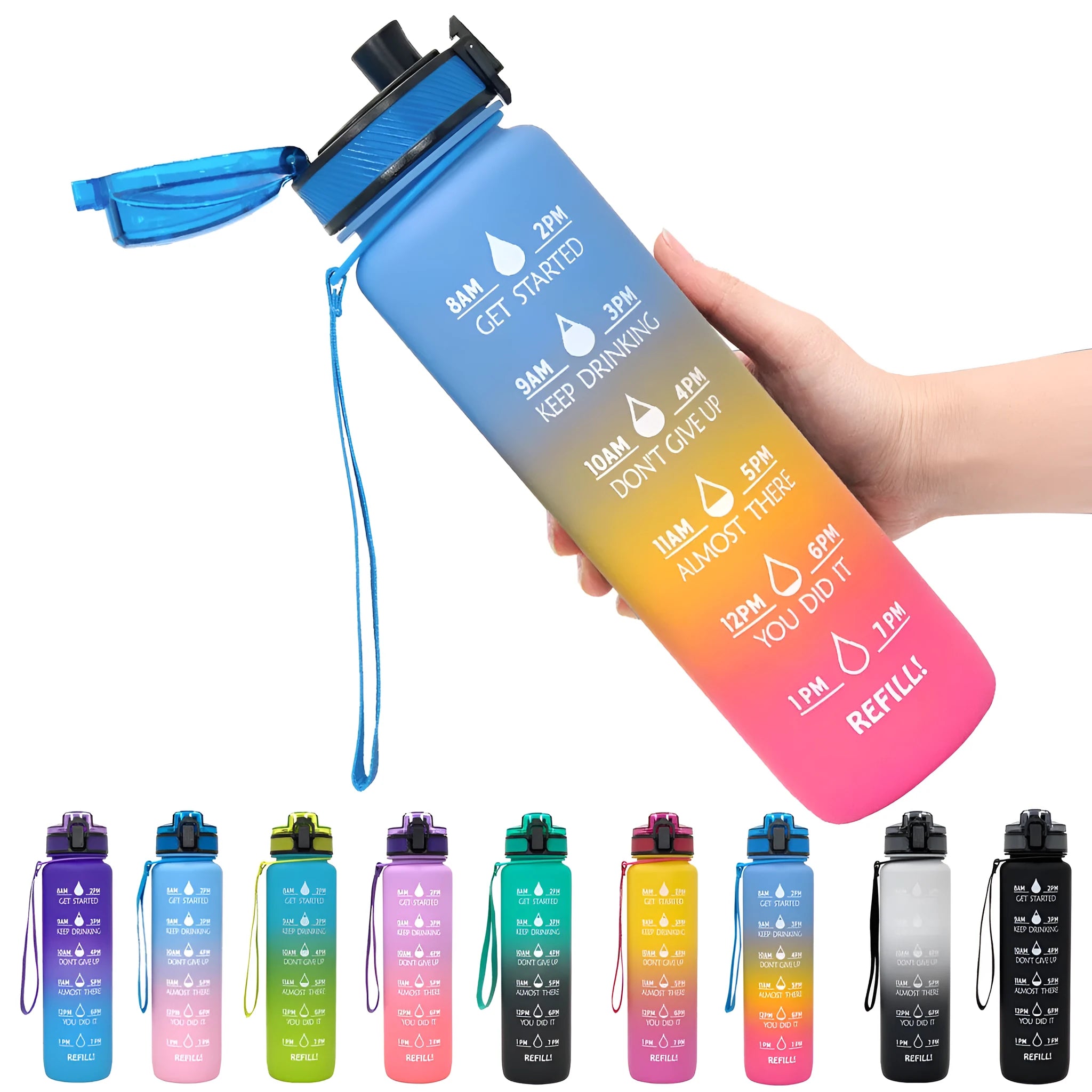 Blue Tritan water bottle with time markers, flip-top lid, and wrist strap on a gym bag