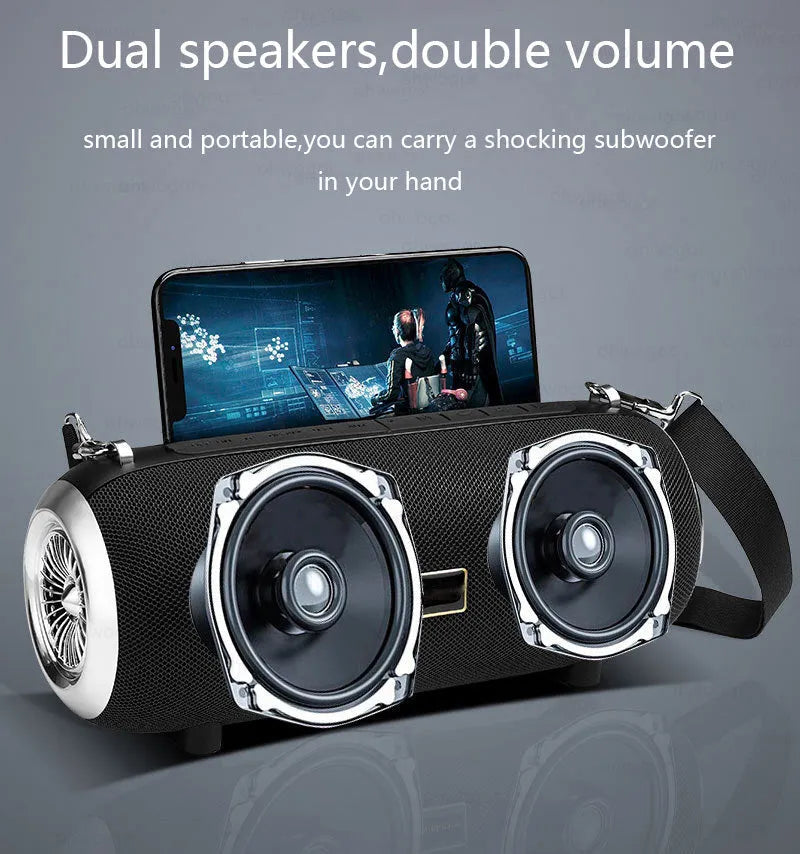 F666 Mini Bluetooth Speaker in black, blue, camouflage, or red with shoulder strap and mobile phone stand