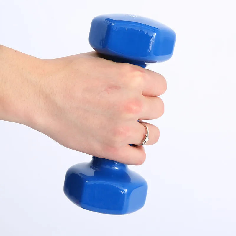 Bright colour plastic-coated fitness dumbbells with glossy surface for floor protection during home workouts