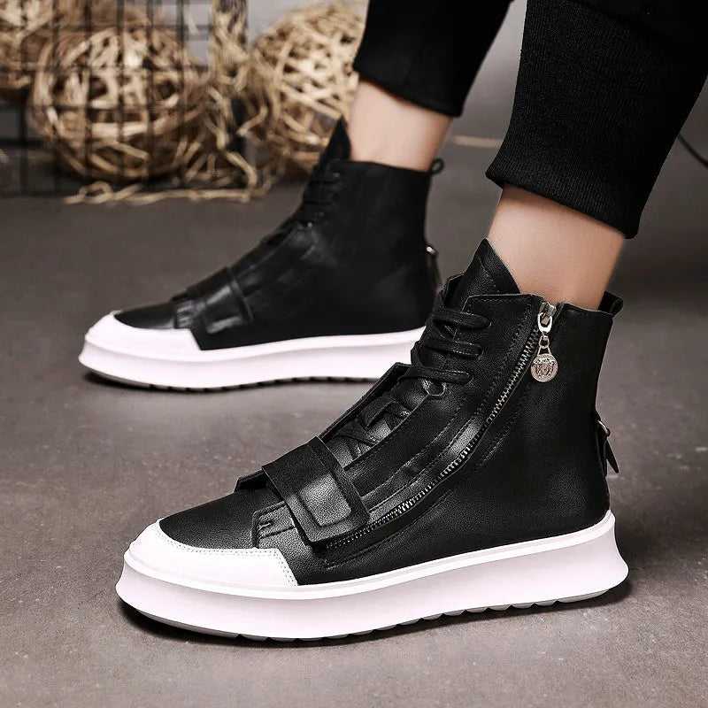 PU leather men's winter ankle boots with microfiber upper in black and white, high-top sneaker style