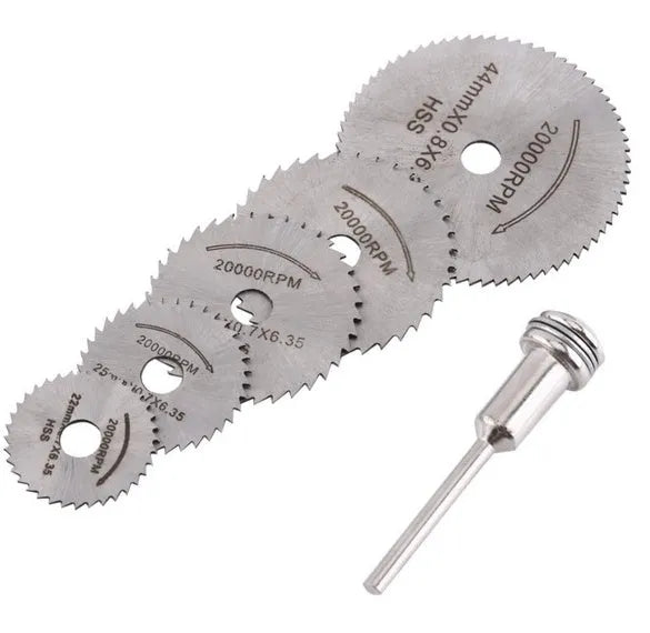 Six circular saw blades with mandrel, diameters from 10mm to 25mm, high-speed steel construction