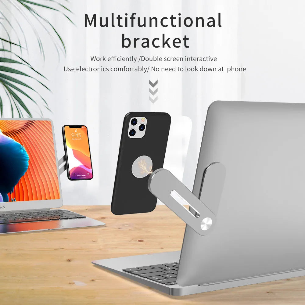 Aluminium alloy laptop side mount bracket holding a smartphone with magnetic attachment and adjustable arm