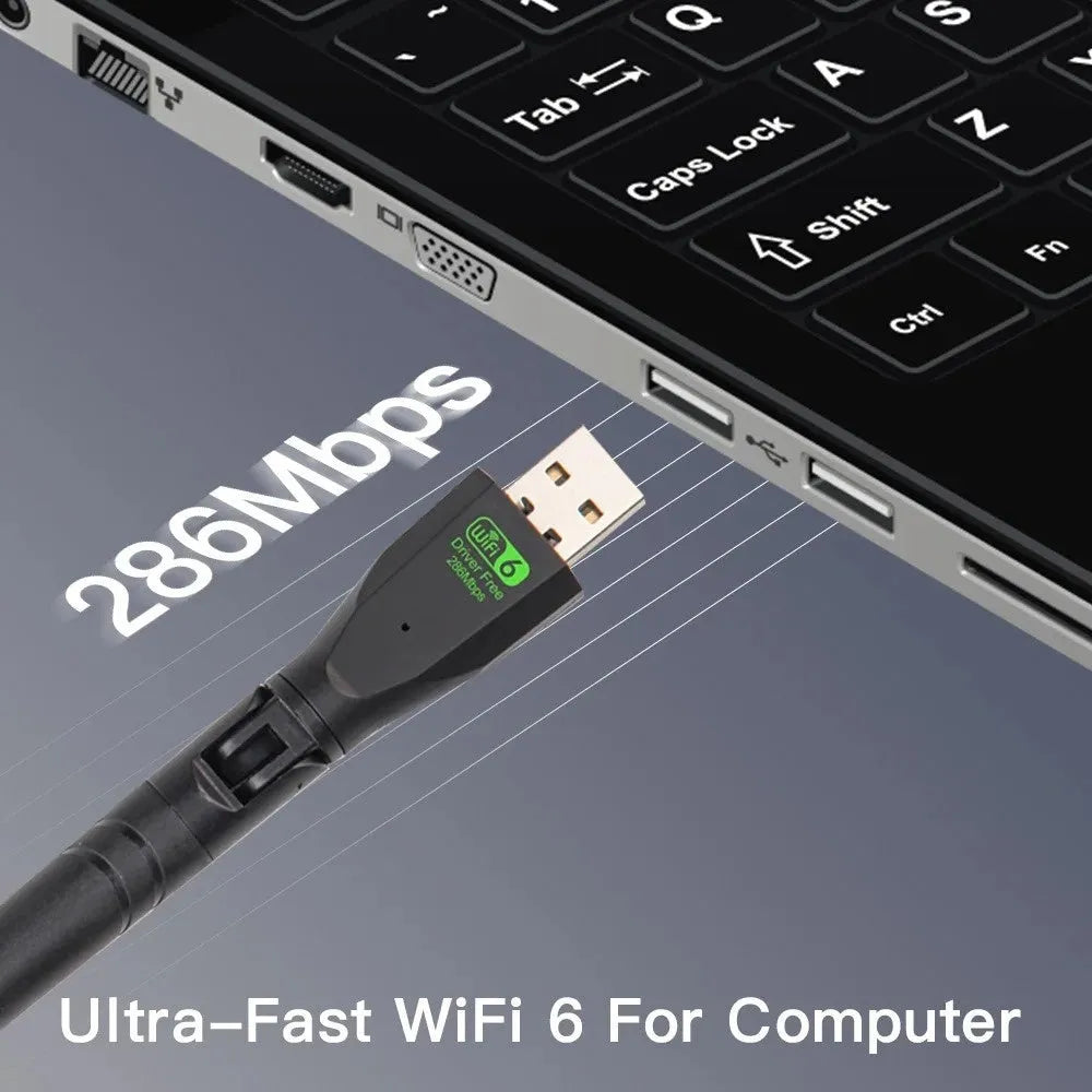 Black USB WiFi6 wireless network card with compact design for driver-free computer connectivity