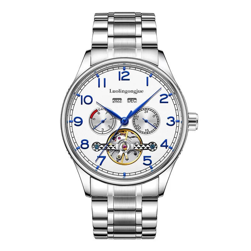 Men's stainless steel mechanical watch with sapphire crystal glass and genuine leather strap showing transparent case back
