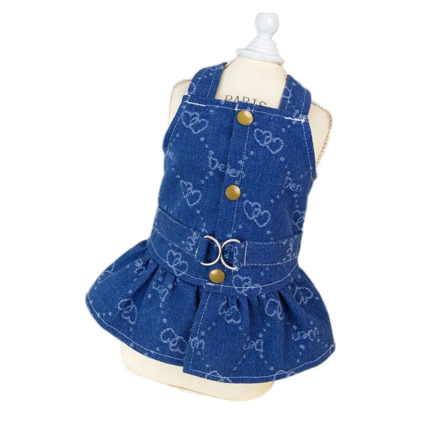 Teddy Bichon wearing denim princess dress in bracket-skirt style, small dog clothing for spring and autumn