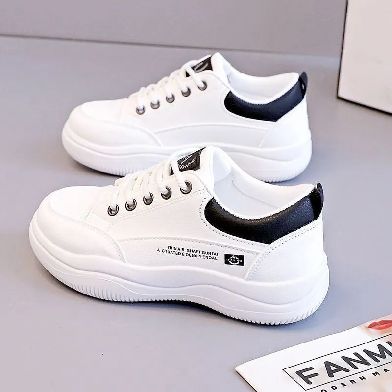 Women's Korean-style leather white shoes with cross straps, 3-5cm heel, and rubber soles