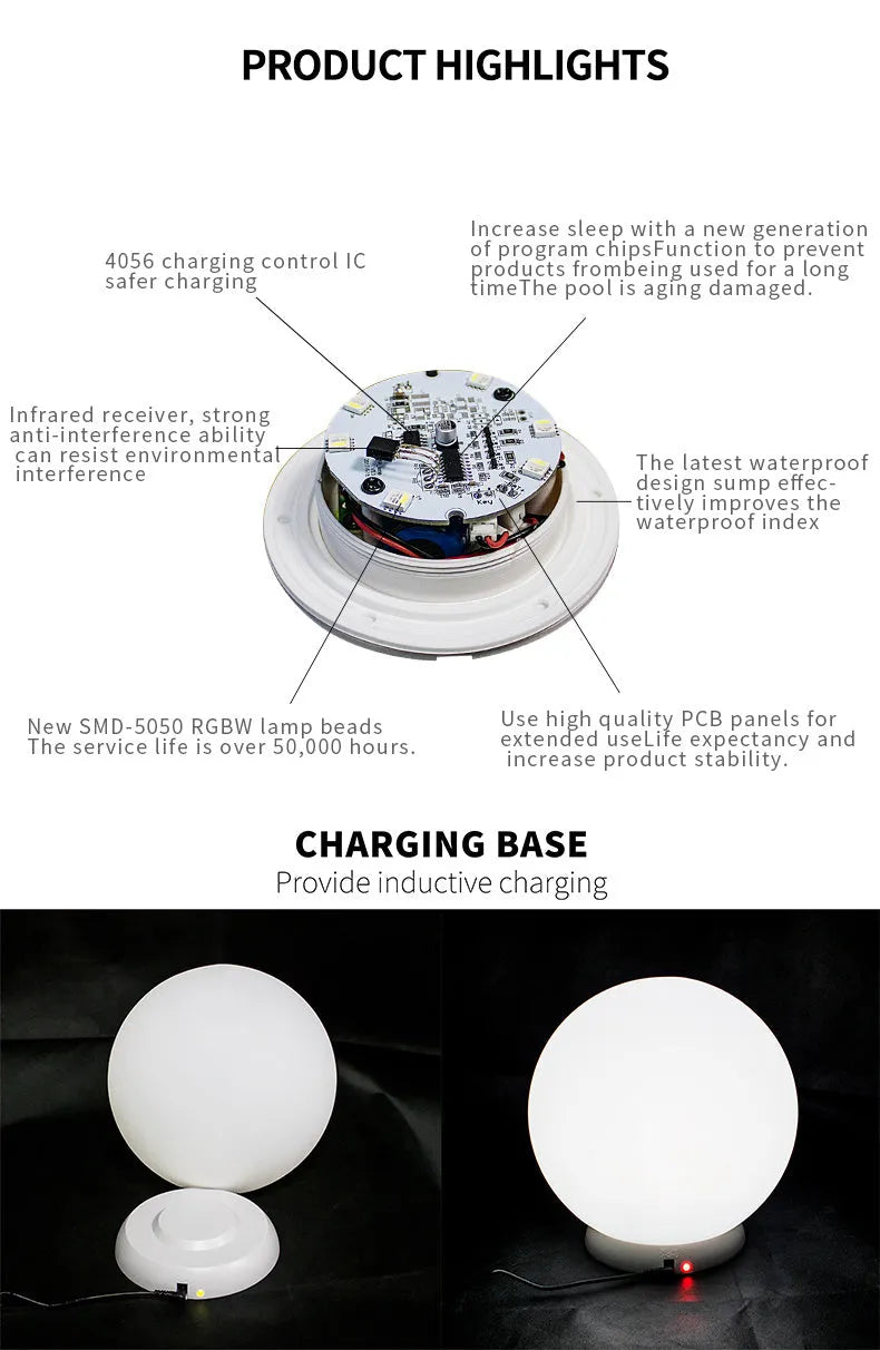 LED luminous ball floor lamp with remote control showing multiple colour options for outdoor landscape lighting