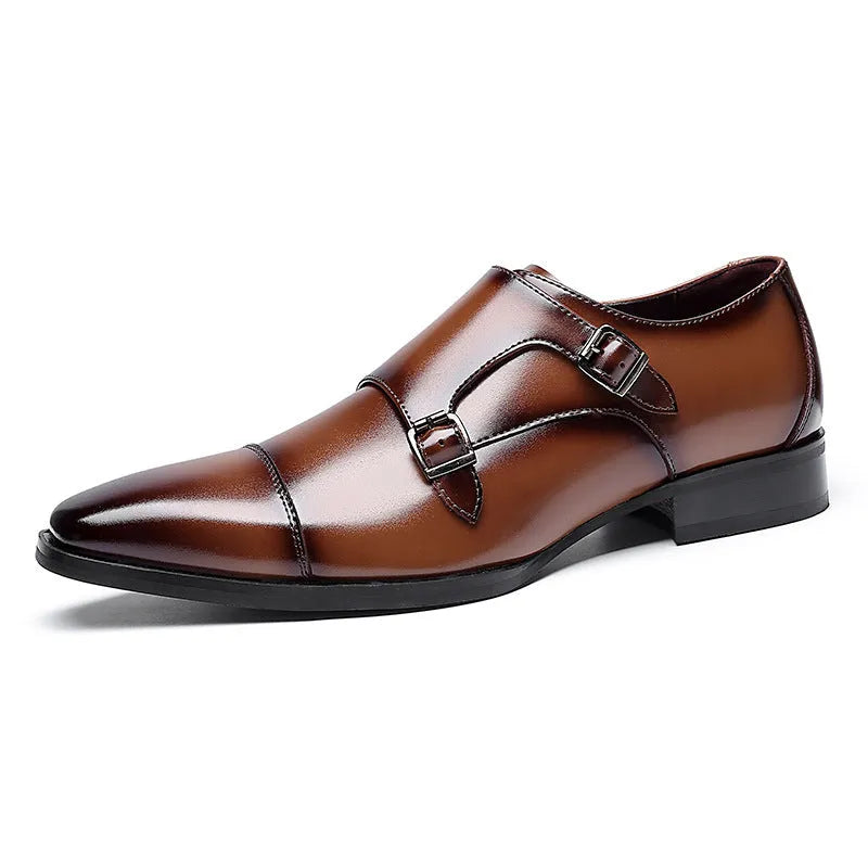 Men's black and light brown leather casual shoes with a square toe and low-top design