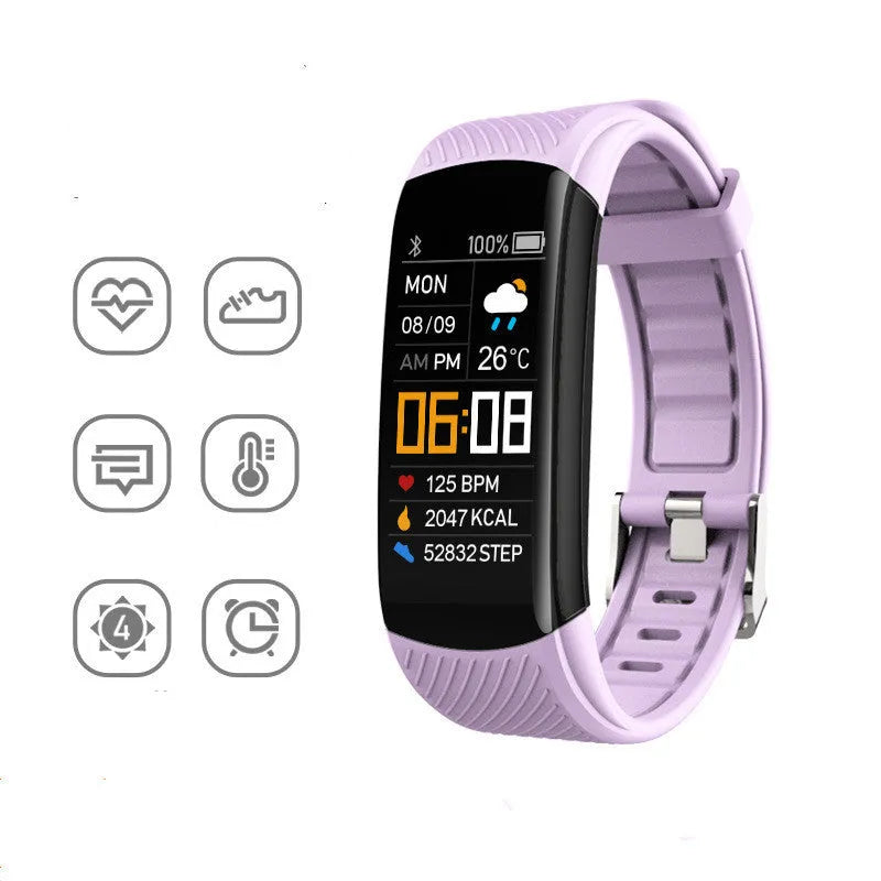Black TPU pedometer bracelet with 0.96-inch touchscreen displaying step count on wrist