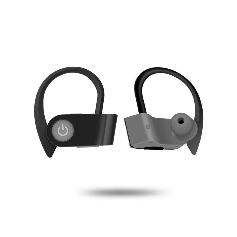 Black wireless Bluetooth earphones with silicone ear tips showing LED indicator and control buttons