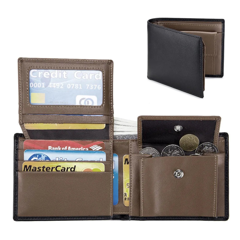 Men's soft cowhide trifold wallet in genuine first layer leather, multi-functional daily design