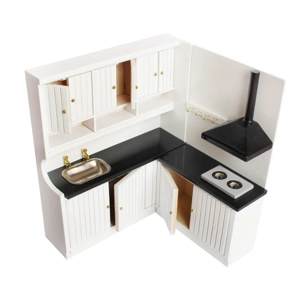 White birch dollhouse kitchen cabinets with working doors and metal handles, sink and stove cabinet set