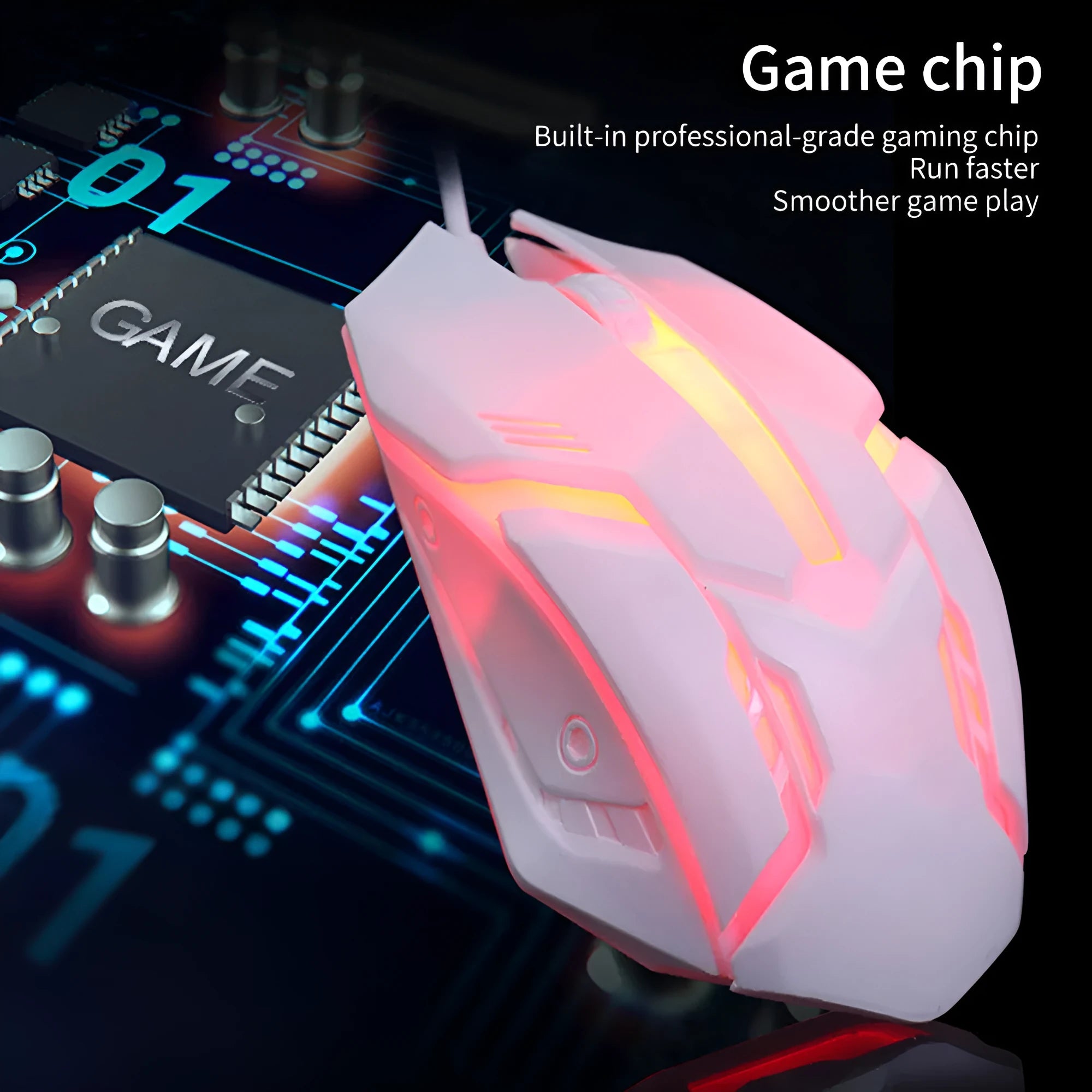 Wired computer mouse with luminous finish and USB cable, showing black and white colour options