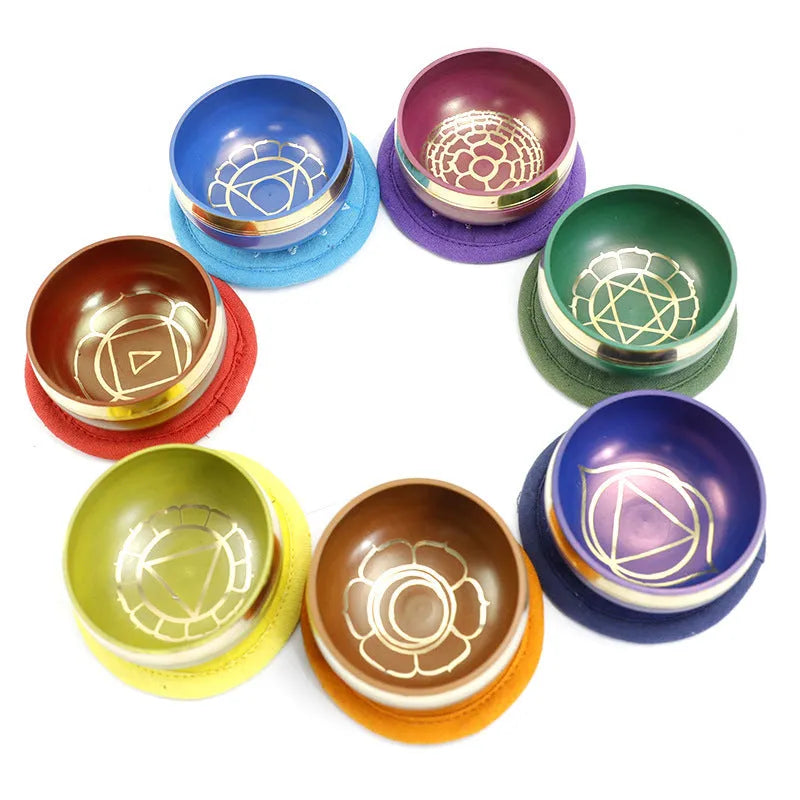 Handmade Himalayan singing bowl measuring 7.8cm diameter in seven colour options for yoga meditation