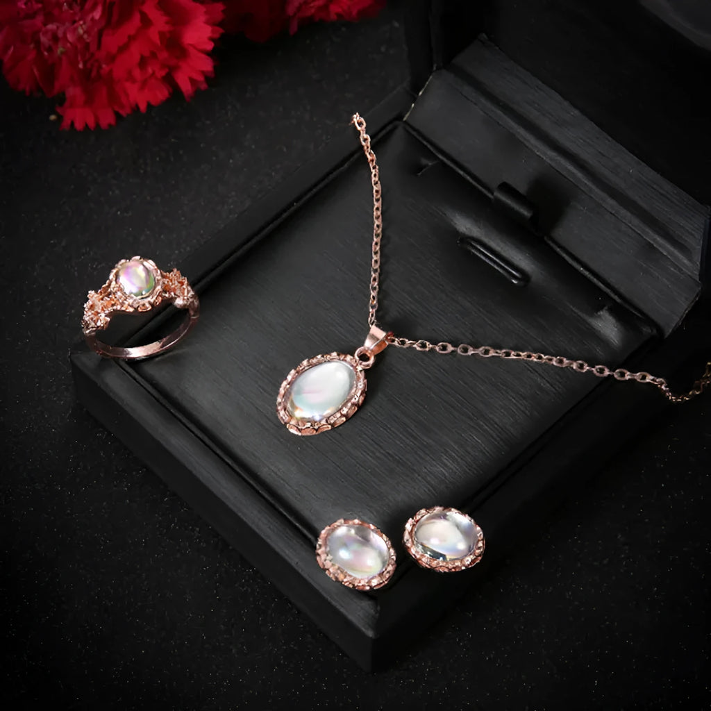 Women's alloy pendant necklace set with electroplated finish, inlaid gems, earrings, and hand accessories