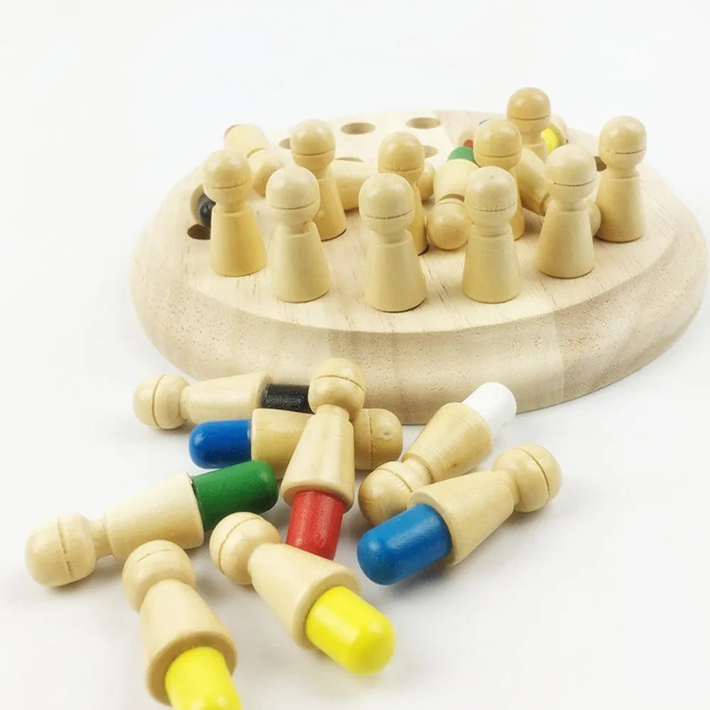Montessori baby wooden memory match stick chess toy with green varnish board and coloured sticks.