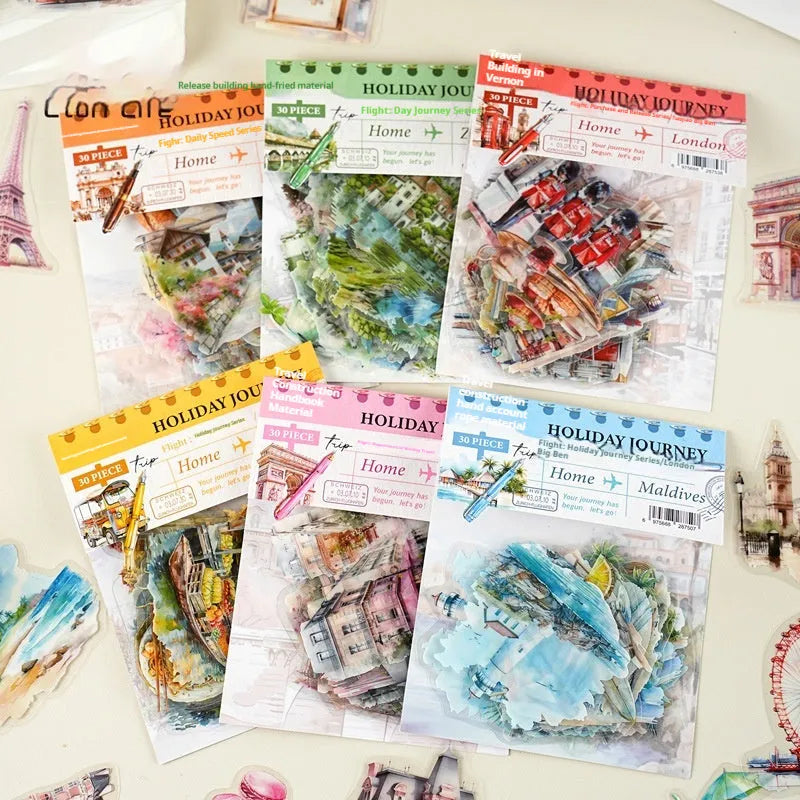 Holiday Journey Series architecture journal stickers showing retro style landmarks including Big Ben and Arc de Triomphe