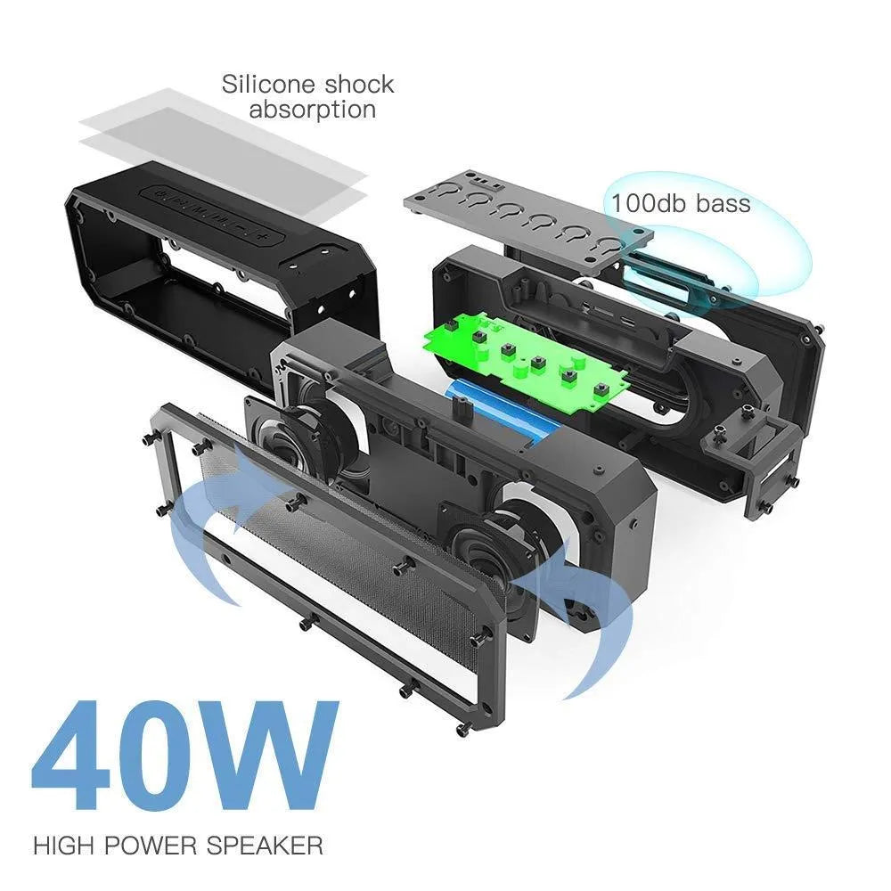 Black X3 PRO 40W waterproof Bluetooth speaker with carry rope, showing size and ports.