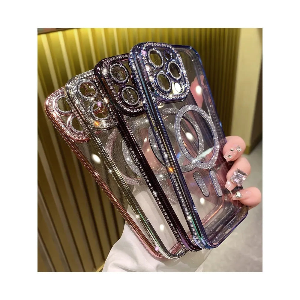 Wireless magnetic phone case in Deep Purple with soft silicone back plate and electroplated accents for iPhone models