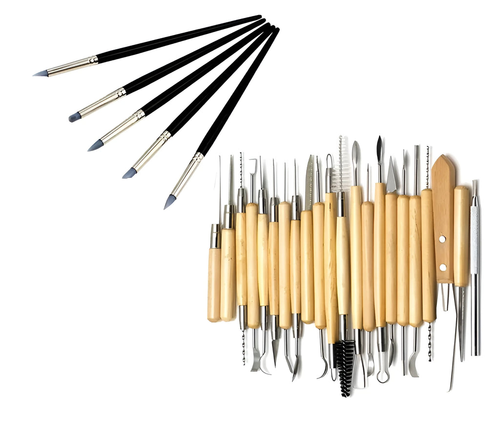 27-piece pottery clay tool set with stainless steel sculpting tools and OPP storage bag.
