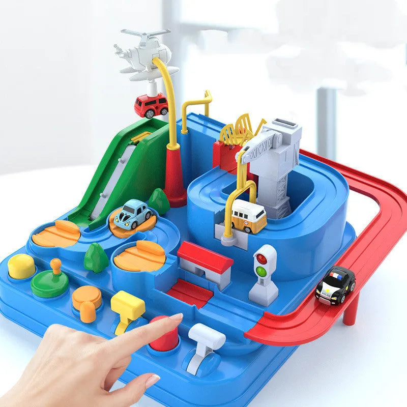 Toy car track set with parking lot adventure layout and multiple colour trolley options