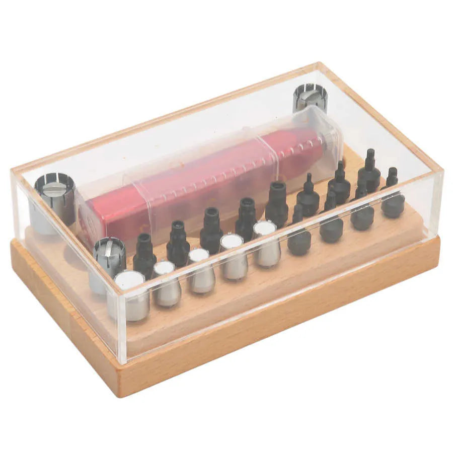 20-piece steel watch repair barrel-opening tool set on a workbench