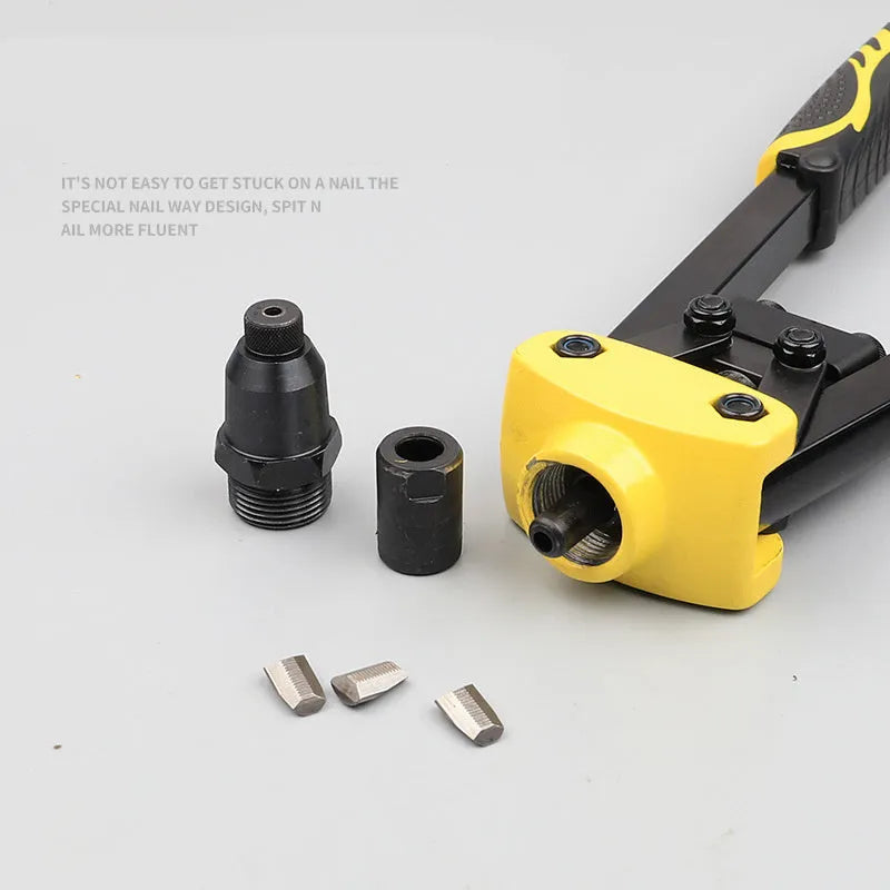 Yellow 13-inch manual rivet gun with three built-in tips for 3.2 mm, 4.0 mm, and 4.8 mm aluminium and steel household rivets