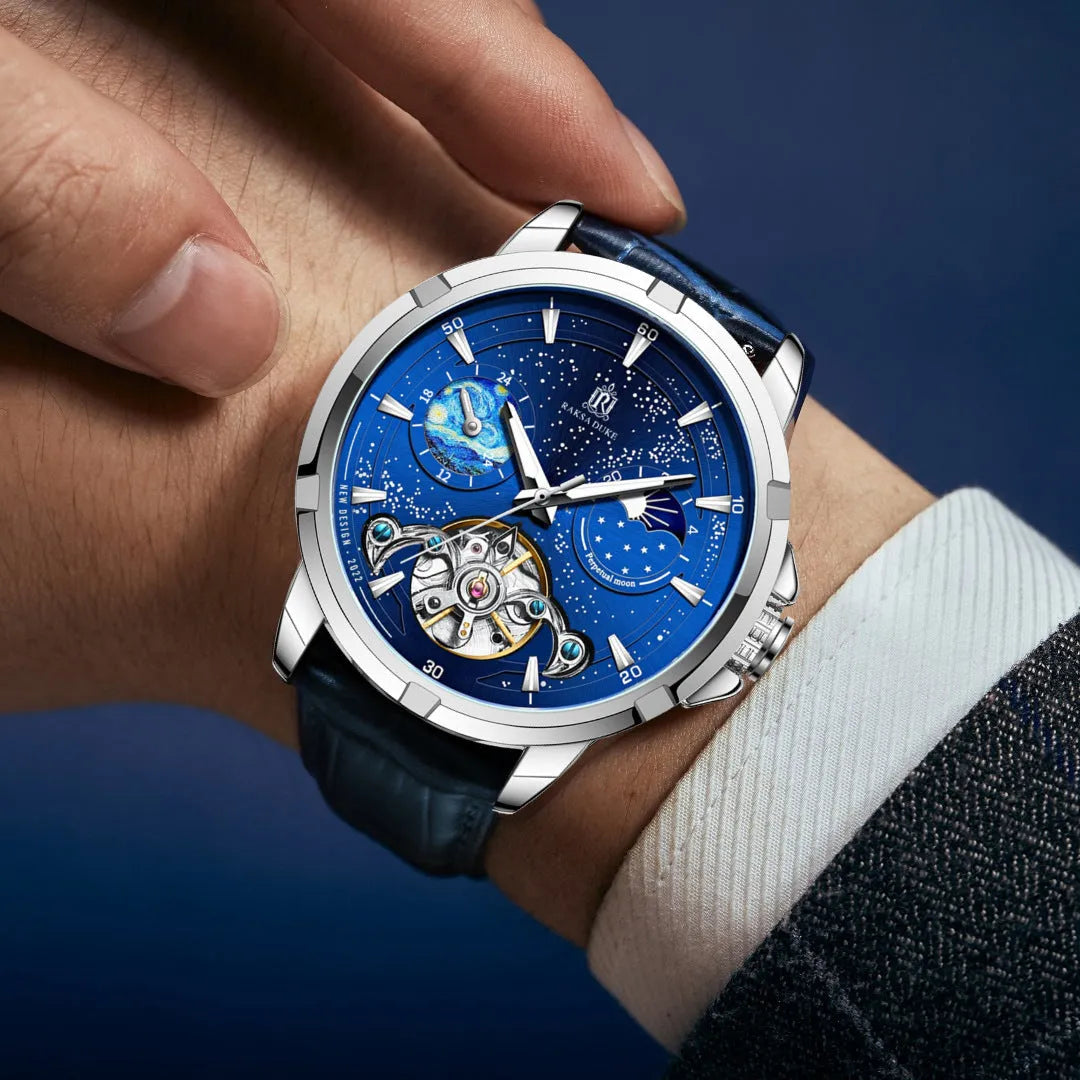 Men's blue dial automatic mechanical watch with 14mm stainless steel case showing time at 10:10
