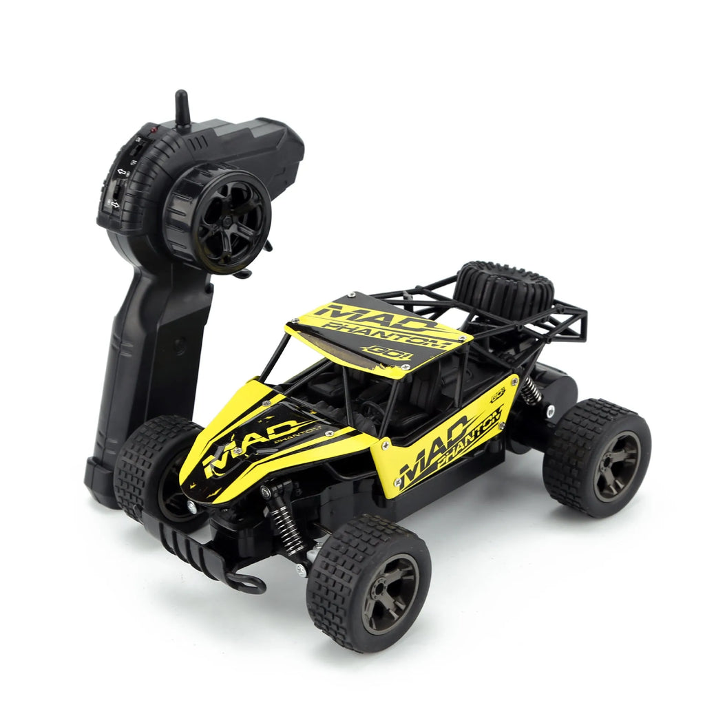 Blue 1:18 scale remote control off-road drift car with 2.4G transmitter on a track