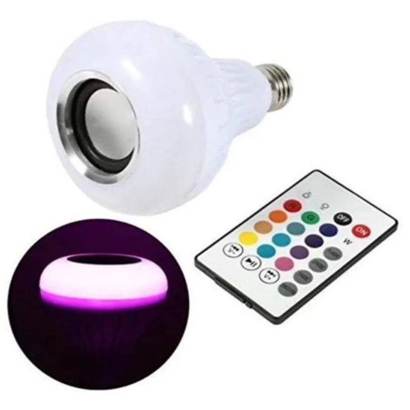 White smart LED bulb with Bluetooth speaker and remote control for multi-colour lighting.