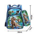 Blue cartoon school backpack with pencil case, showing front design and strap details