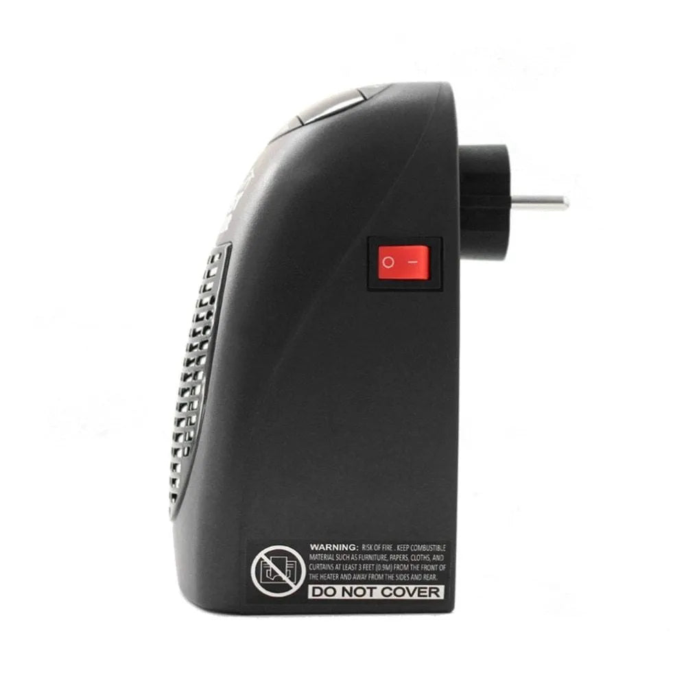 Black compact electric heater with digital display and rotating plug on a desk