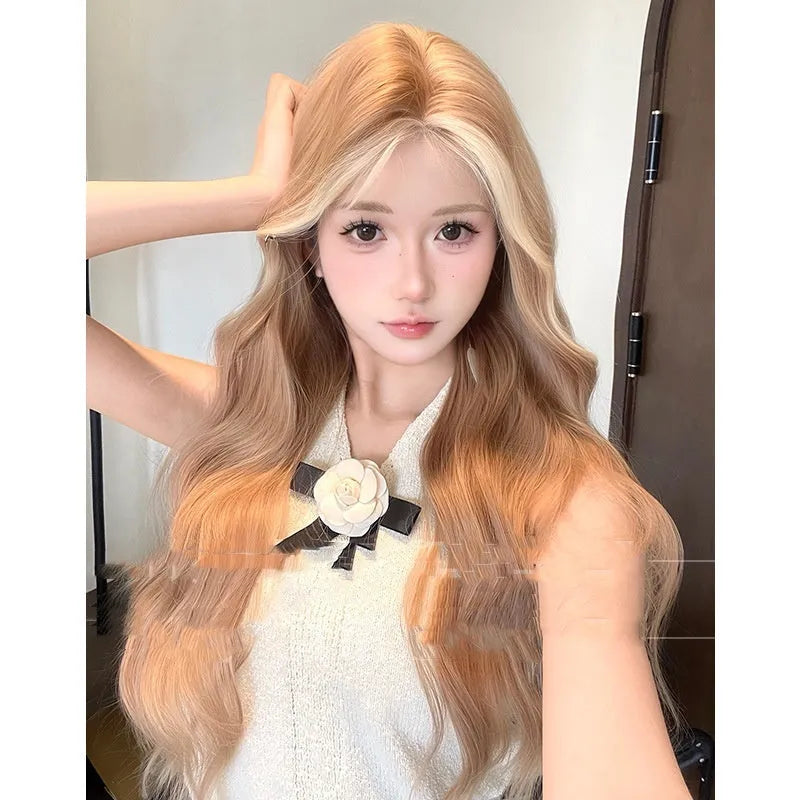 Long curly lace front wig in American highlight gold colour on display