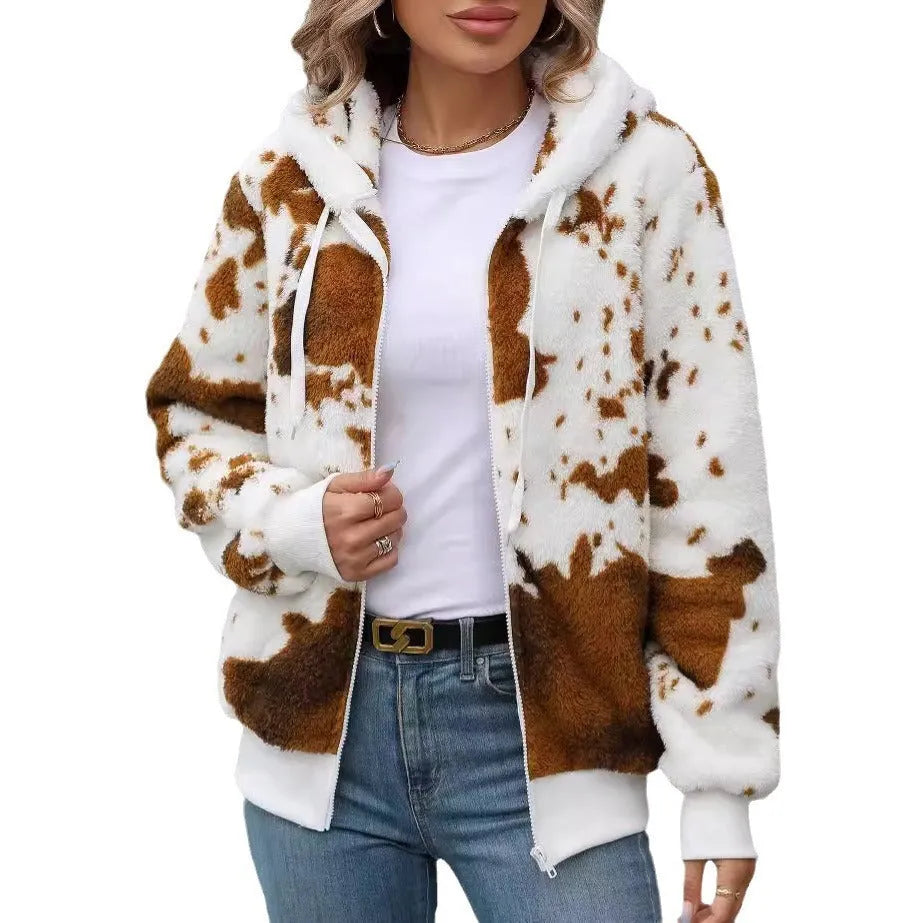 Yellow brown cow animal print hooded zipper cardigan jacket with plush texture and regular sleeves