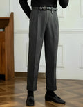 Grey straight-leg high-waist casual trousers in stretch denim fabric on hanger