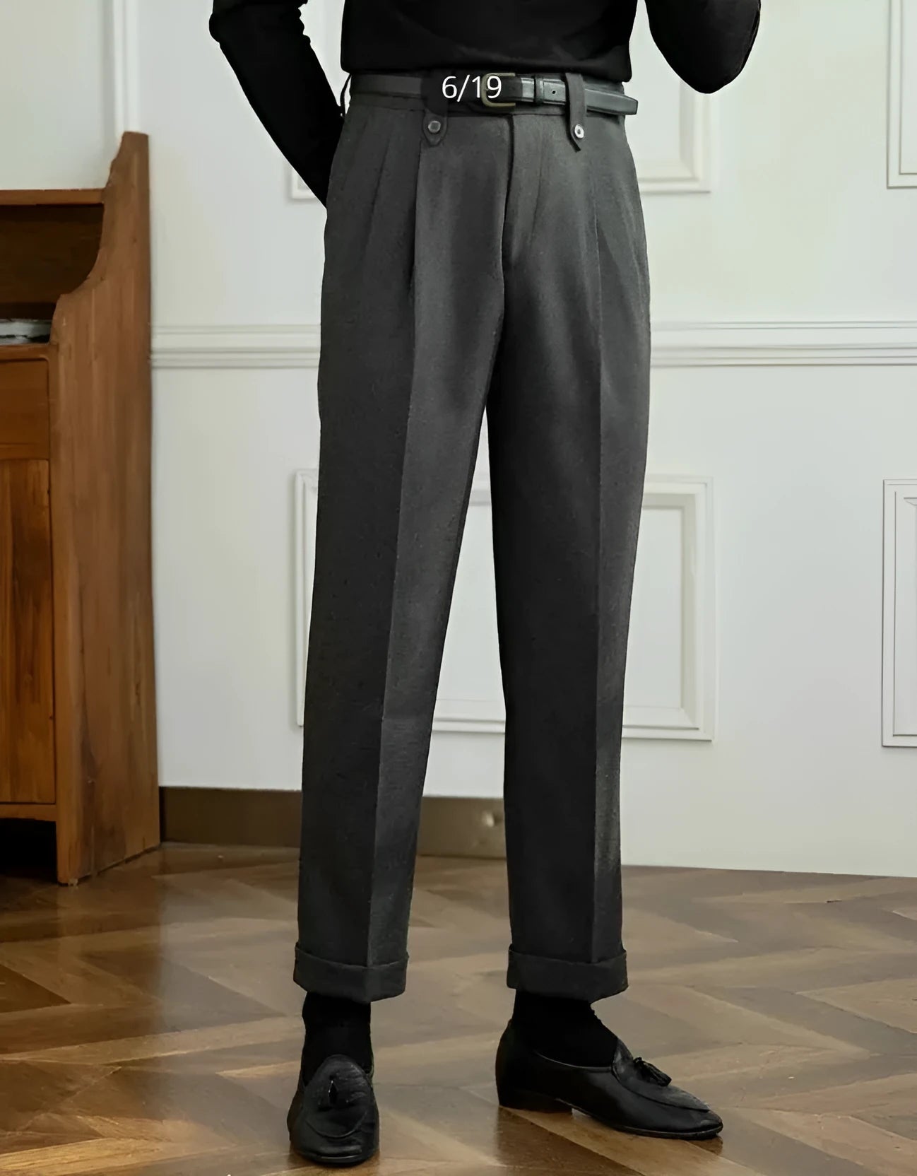 Grey straight-leg high-waist casual trousers in stretch denim fabric on hanger