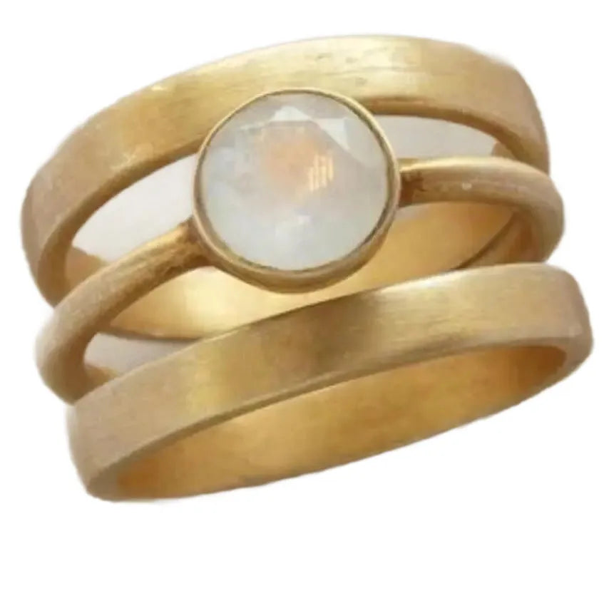 Gold-plated titanium steel ring with white chalcedony stone in geometric hollow band design
