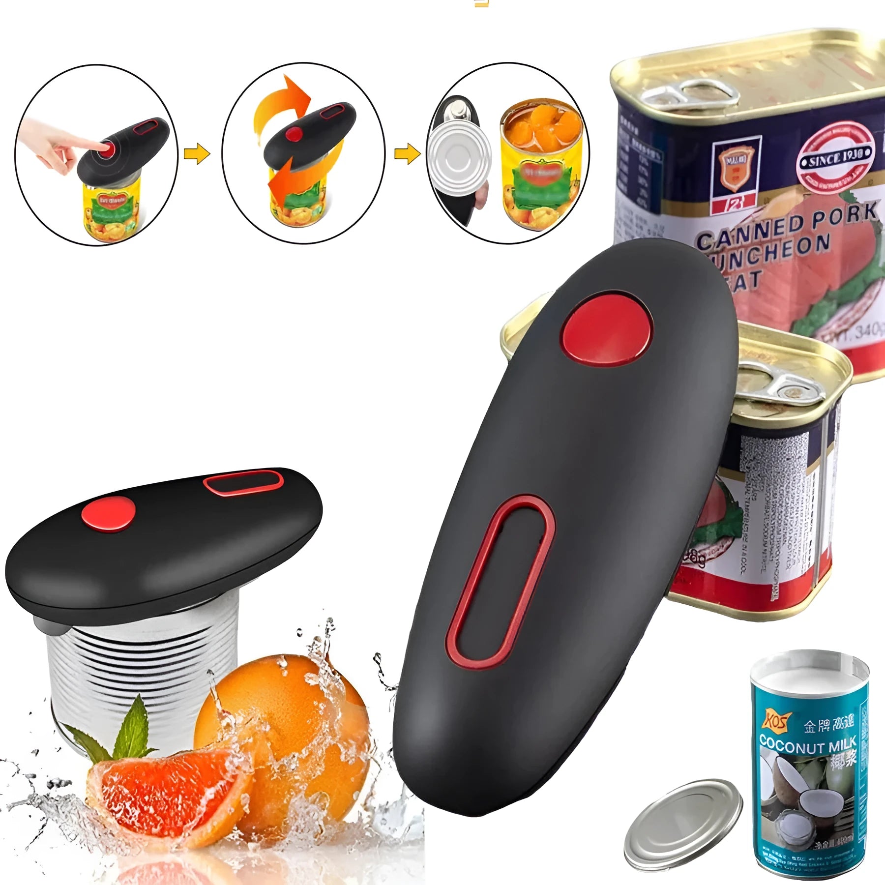 Black electric can opener with simple plastic design for one-touch kitchen operation