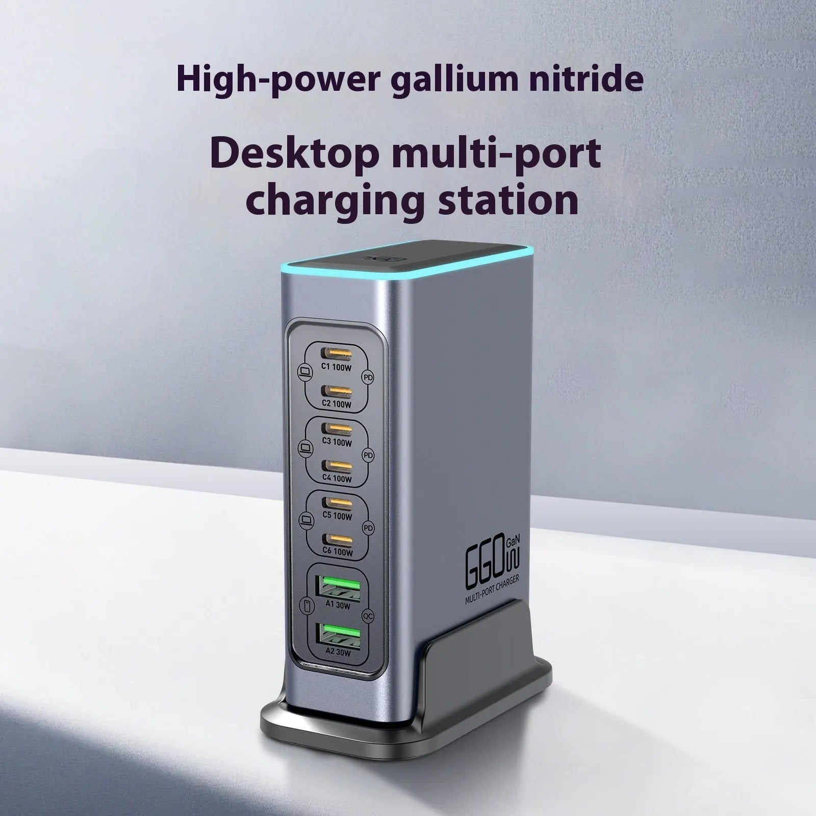 660W GaN desktop charger with five ports and interchangeable plugs for AU, EU, UK, US sockets on a desk