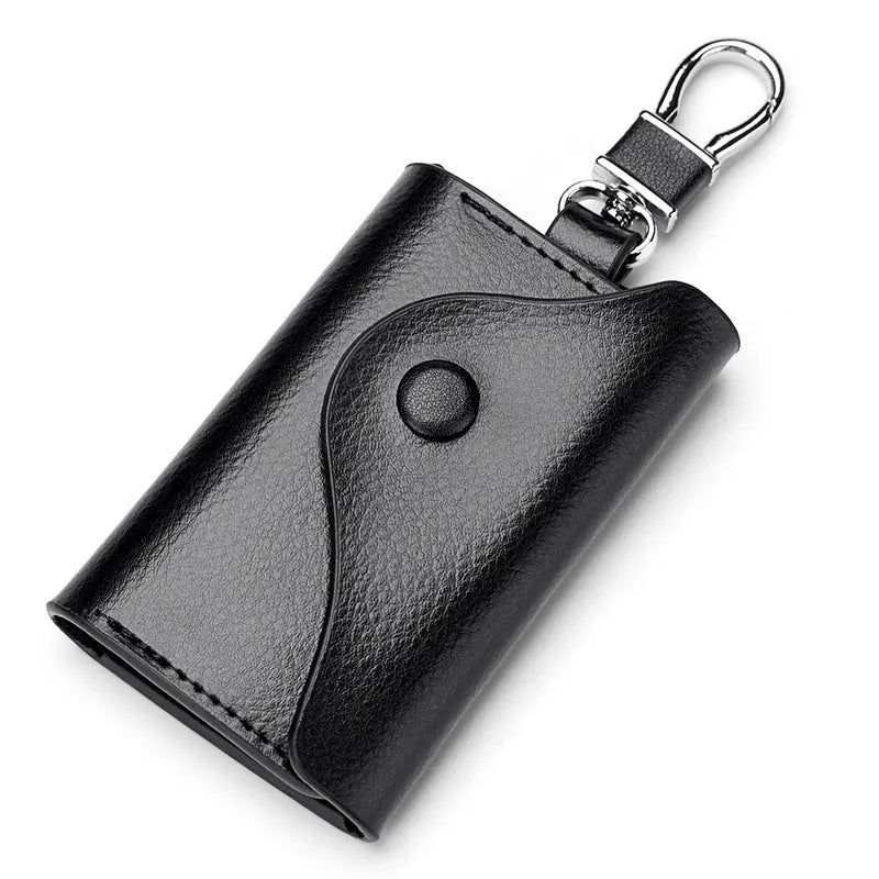 Genuine leather keychain card holder in square vertical design with internal key mapping