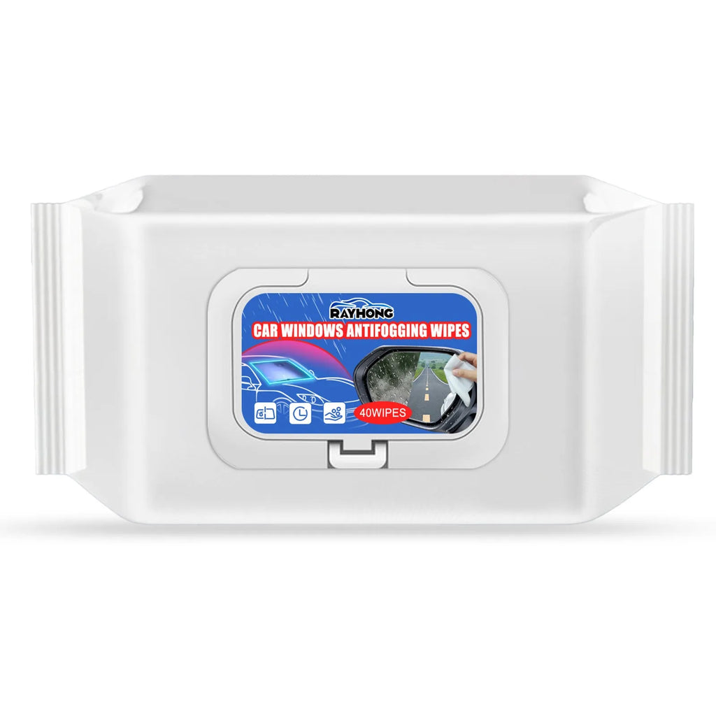 Pack of 40 car anti-fog and anti-rain treatment wipes with water-based resin on non-woven fabric.