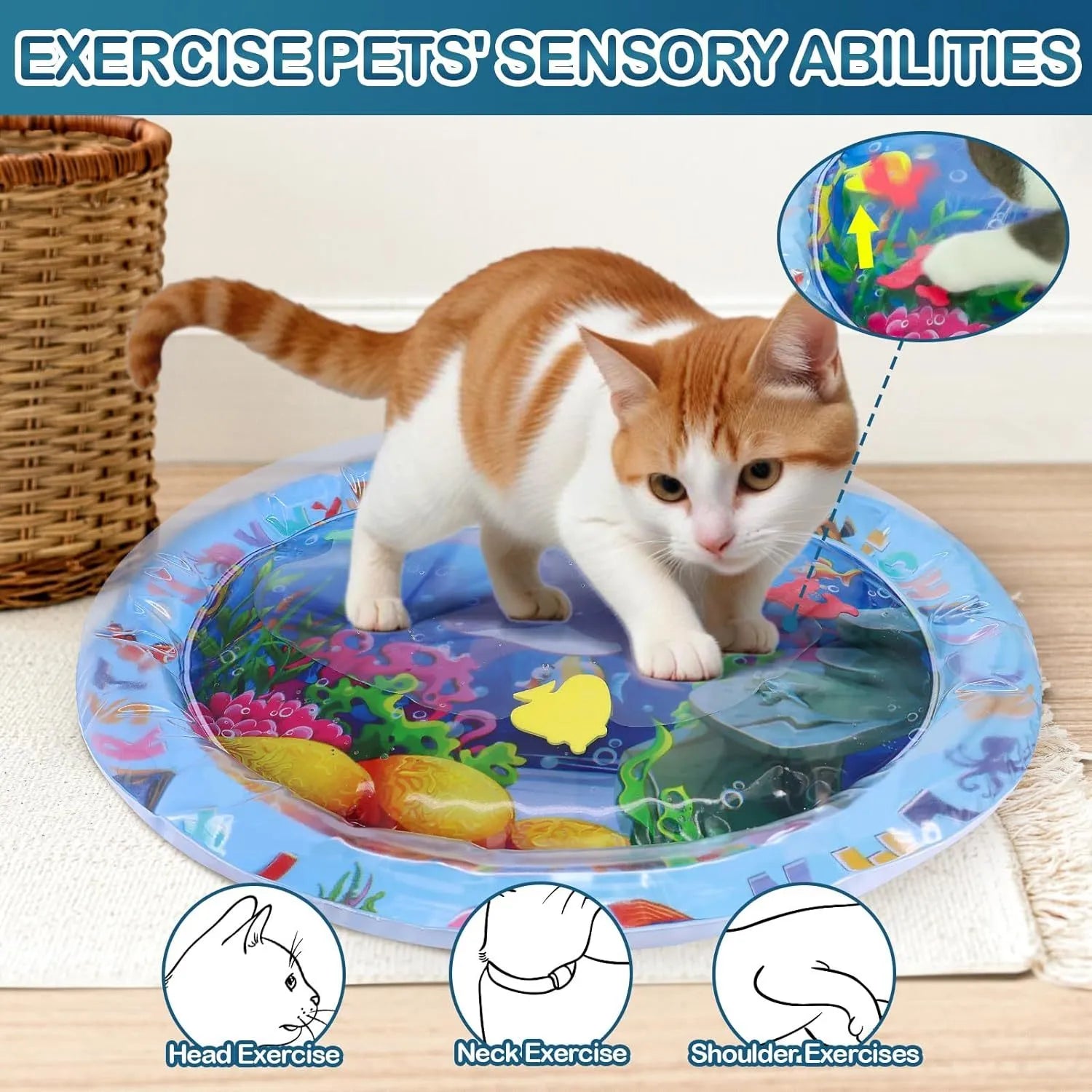 Water sensory playmat for cats and dogs with ocean fish theme, 4 floating toys, thickened PVC material, 8cm depth