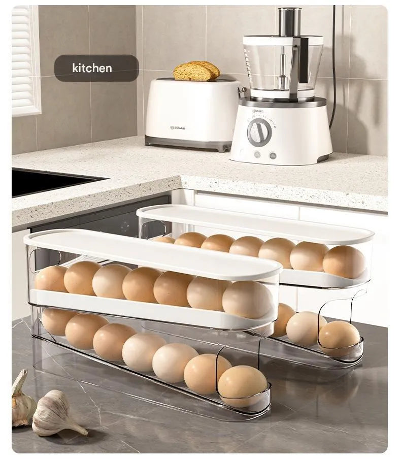 Transparent white refrigerator slide-out egg tray with automatic dispenser mounted on refrigerator door