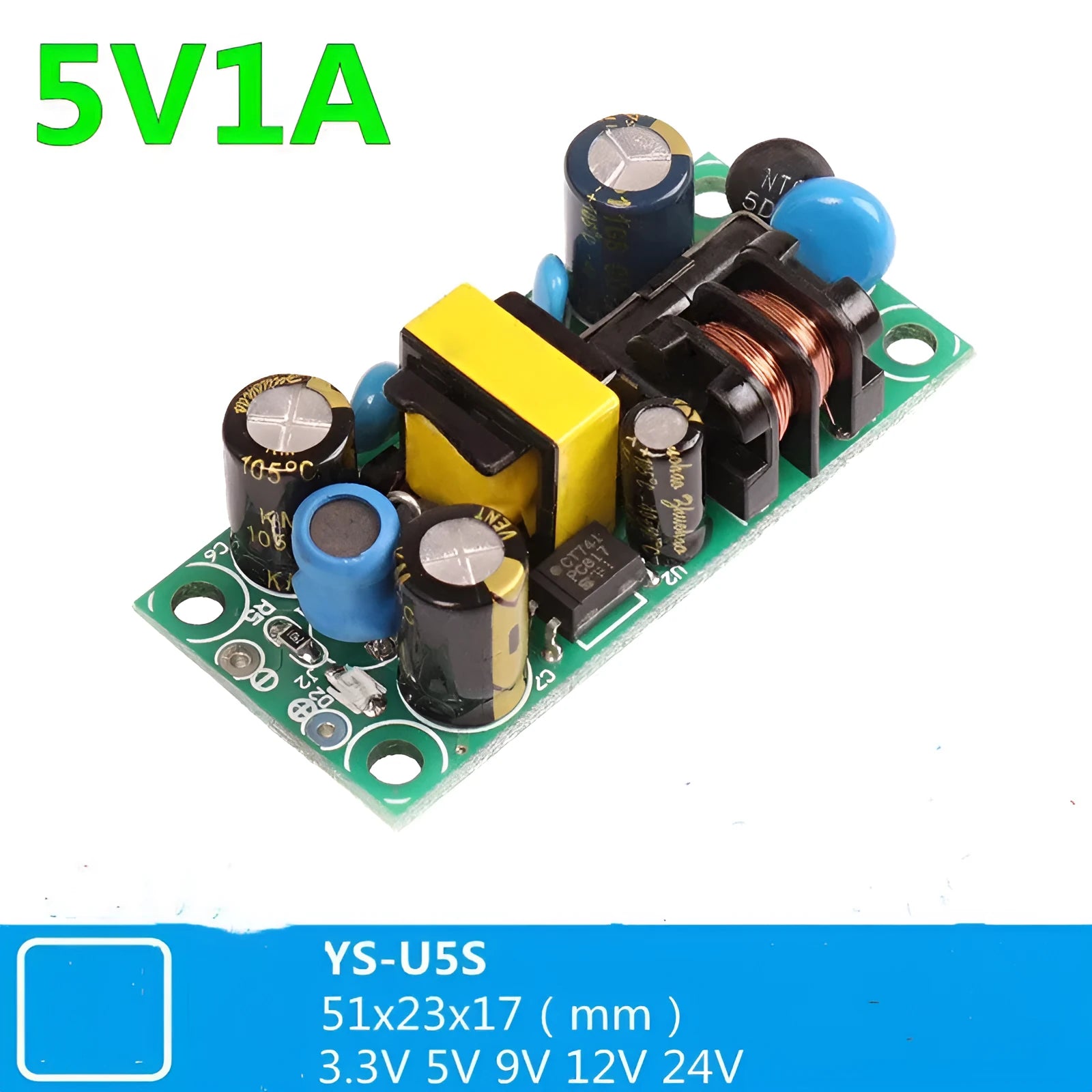 YS-U5S metal switching power board module with electrical connections for AC input and 5V DC output