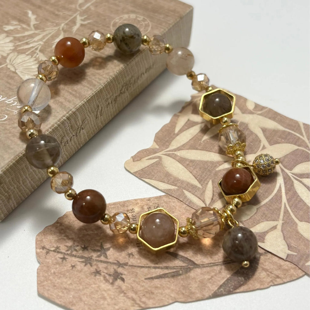 Gold luxury citrine bracelet with 8mm crystal beads and Chinese auspicious symbols including Fu character