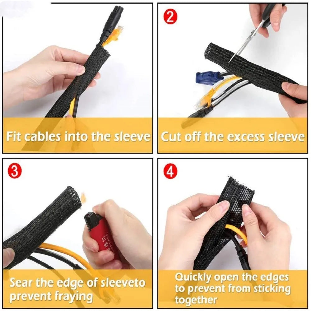 Black self-winding mesh sleeve automotive wire cover for cable protection in engine bays.