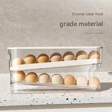 Transparent white refrigerator slide-out egg tray with automatic dispenser mounted on refrigerator door