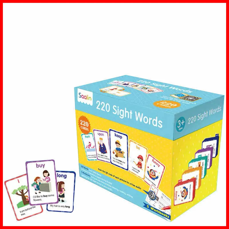 Box set of 220 high-frequency word flash cards and five phonics workbooks for early learning.