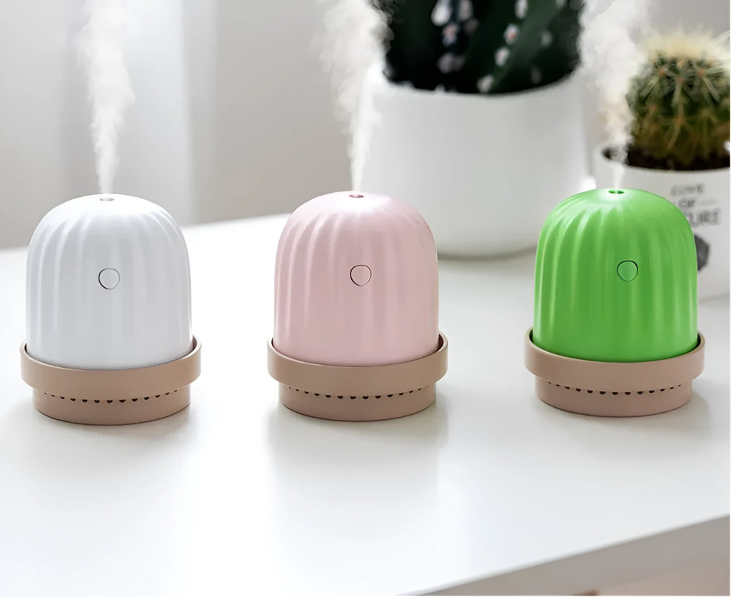 Cactus humidifier night light in green, pink, or white, 260ml tank, USB or rechargeable, 98 x 98 x 112mm
